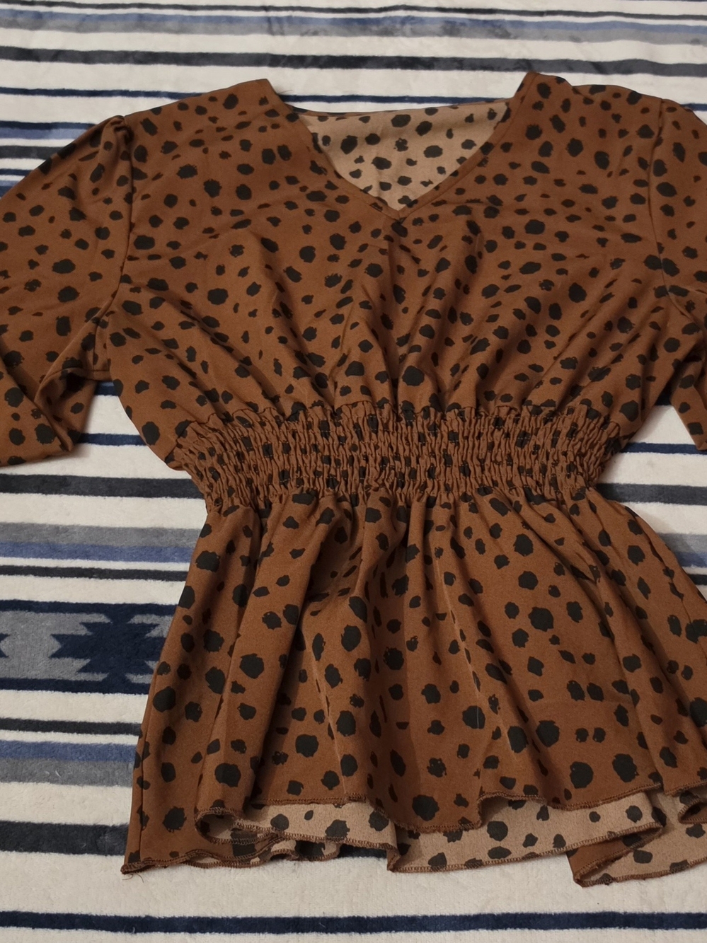 Source Unknown Brown Polka Dot Smocked-Waist Blouse - Picture 1 of 2